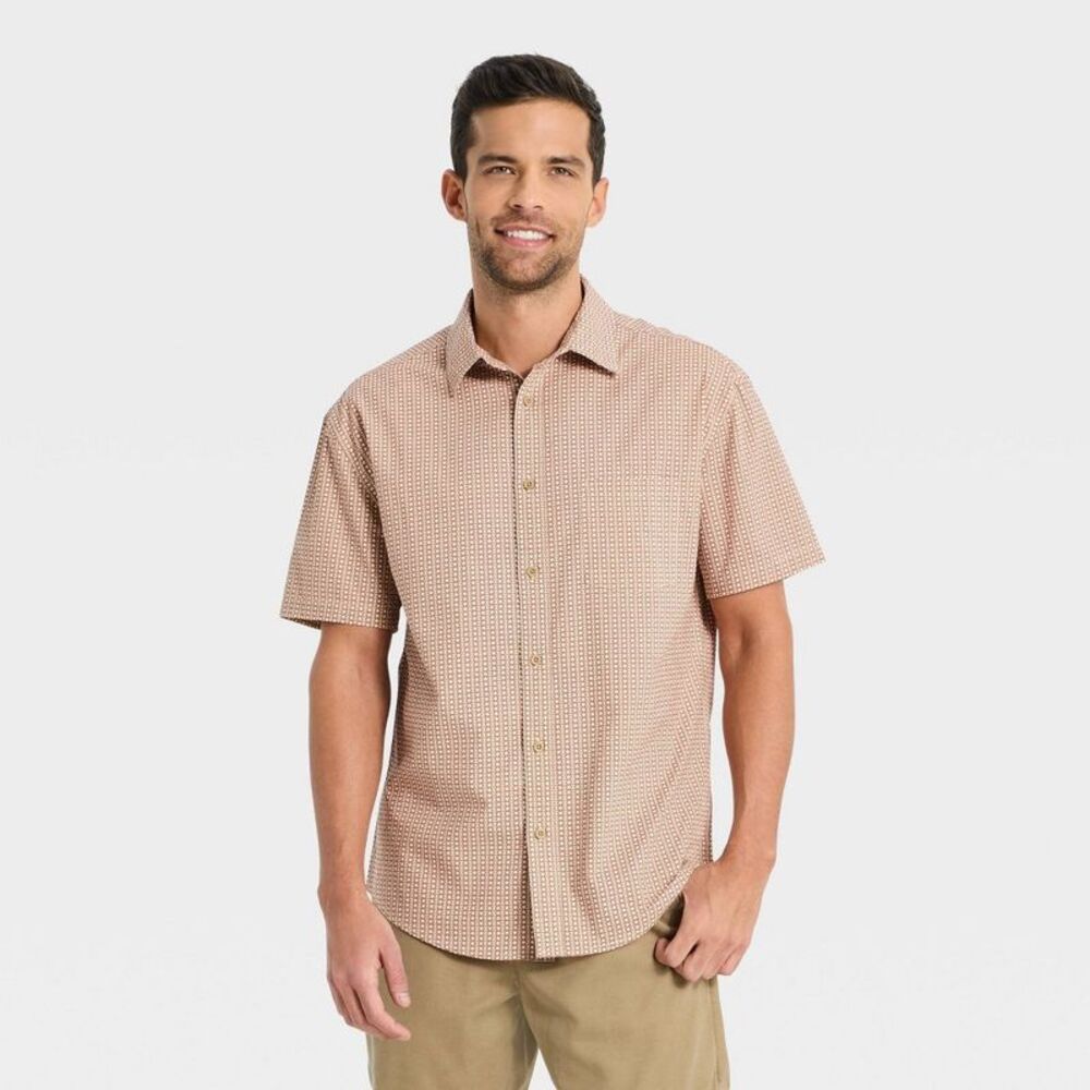 Men's Short Sleeve Slub Gingham Button-Down Shirt - Goodfellow & Co Brown M